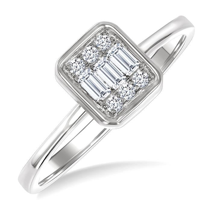 1/6 Ctw Petite Bezel Set Emerald Shape Fusion Baguette and Round Cut Diamond Fashion Ring in 10K White Gold