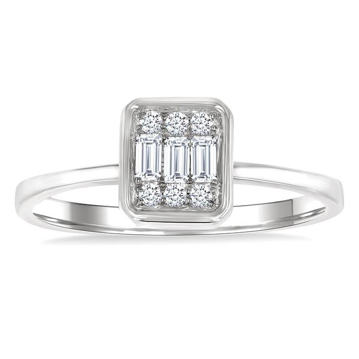 1/6 Ctw Petite Bezel Set Emerald Shape Fusion Baguette and Round Cut Diamond Fashion Ring in 10K White Gold