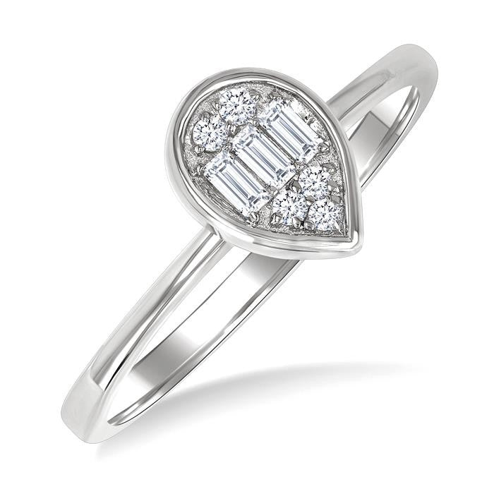 1/6 Ctw Petite Bezel Set Pear Shape Fusion Baguette and Round Cut Diamond Fashion Ring in 10K White Gold