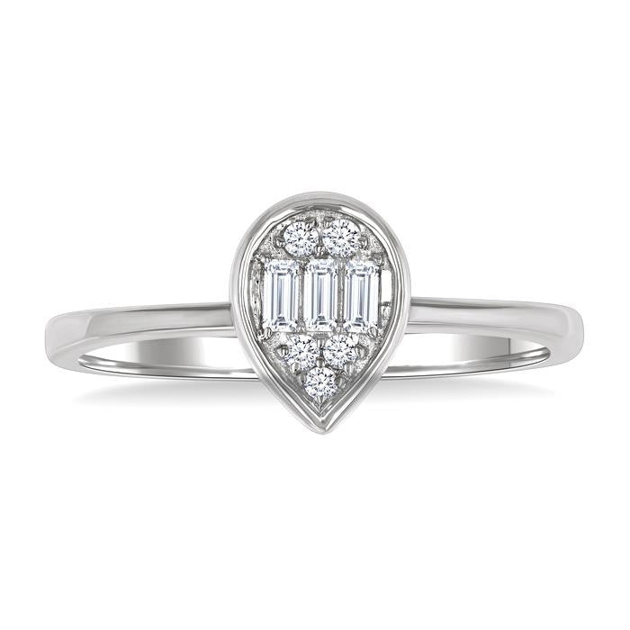 1/6 Ctw Petite Bezel Set Pear Shape Fusion Baguette and Round Cut Diamond Fashion Ring in 10K White Gold