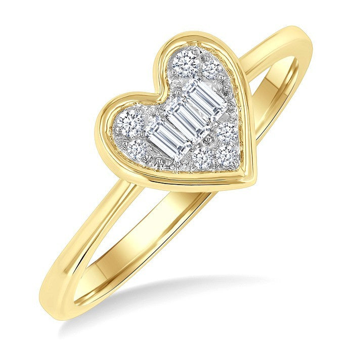 1/6 Ctw Petite Bezel Set Heart Shape Fusion Baguette and Round Cut Diamond Fashion Ring in 10K Yellow Gold