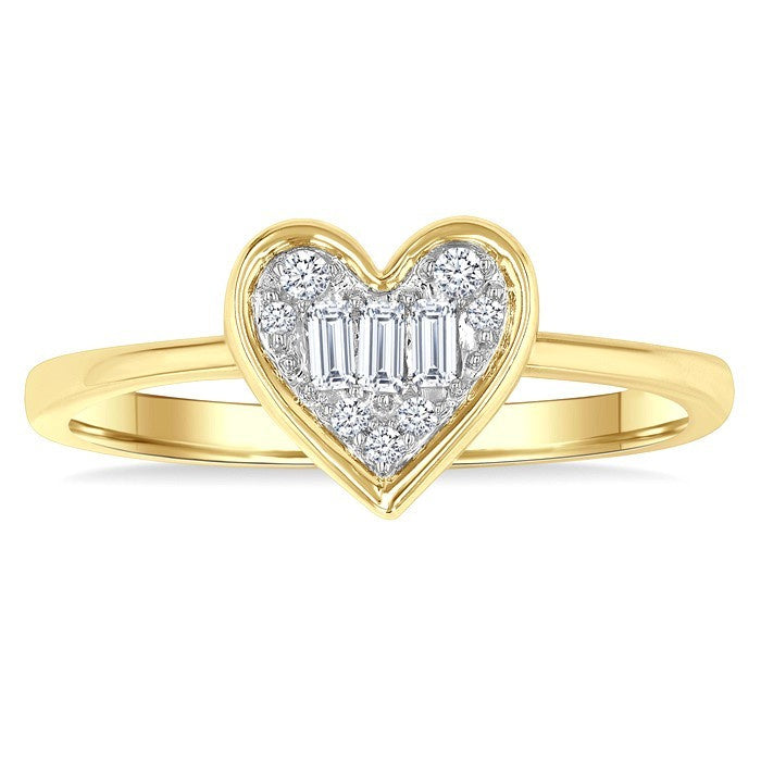 1/6 Ctw Petite Bezel Set Heart Shape Fusion Baguette and Round Cut Diamond Fashion Ring in 10K Yellow Gold