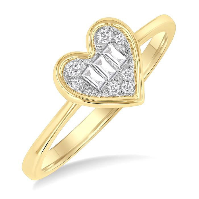 1/6 Ctw Petite Bezel Set Heart Shape Fusion Baguette and Round Cut Diamond Fashion Ring in 10K Yellow Gold