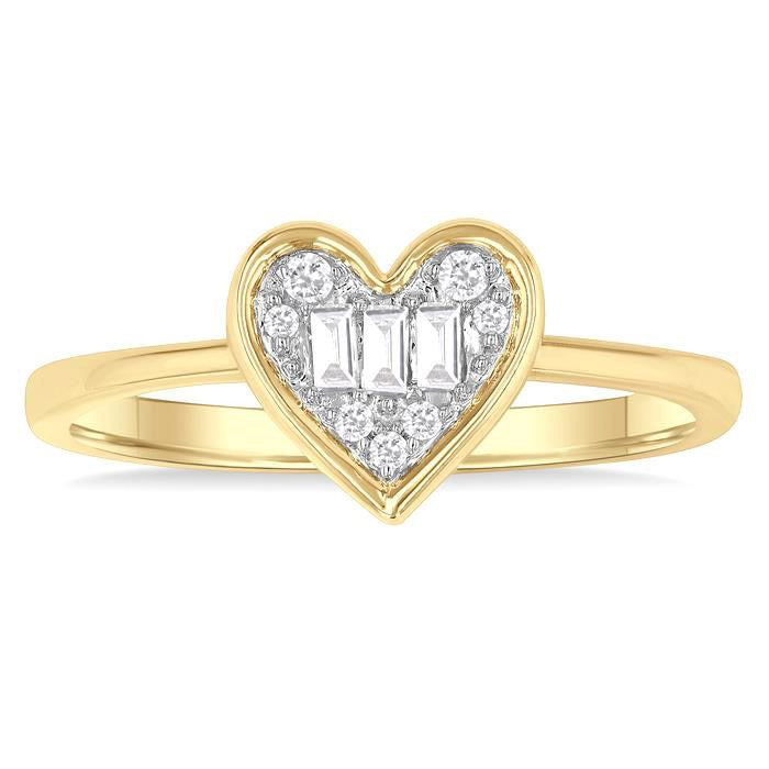 1/6 Ctw Petite Bezel Set Heart Shape Fusion Baguette and Round Cut Diamond Fashion Ring in 10K Yellow Gold