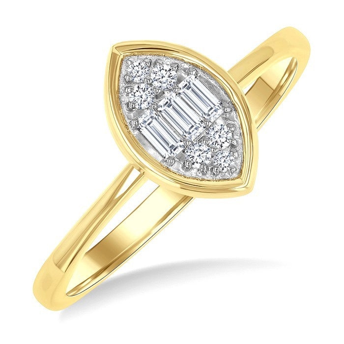 1/6 Ctw Petite Bezel Set Marquise Shape Fusion Baguette and Round Cut Diamond Fashion Ring in 10K Yellow Gold
