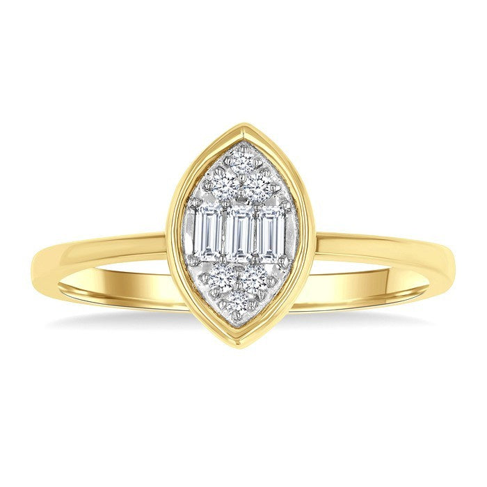 1/6 Ctw Petite Bezel Set Marquise Shape Fusion Baguette and Round Cut Diamond Fashion Ring in 10K Yellow Gold