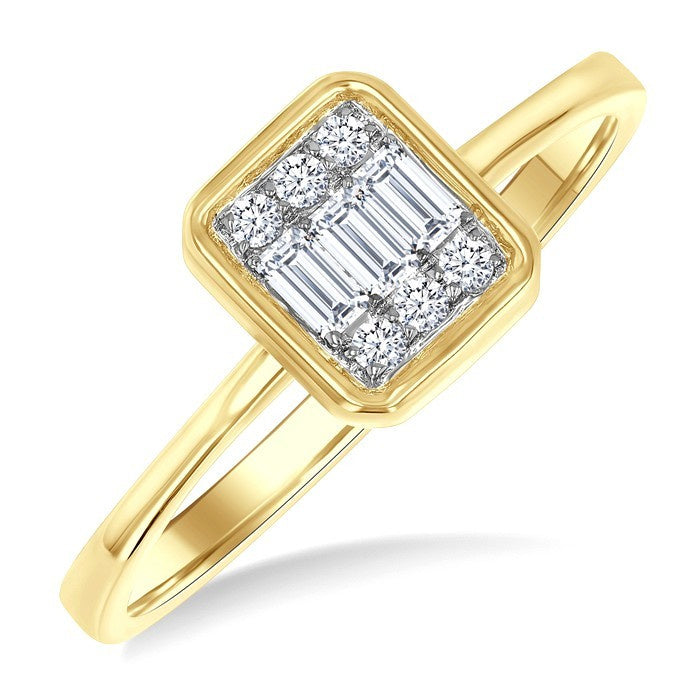1/6 Ctw Petite Bezel Set Emerald Shape Fusion Baguette and Round Cut Diamond Fashion Ring in 10K Yellow Gold
