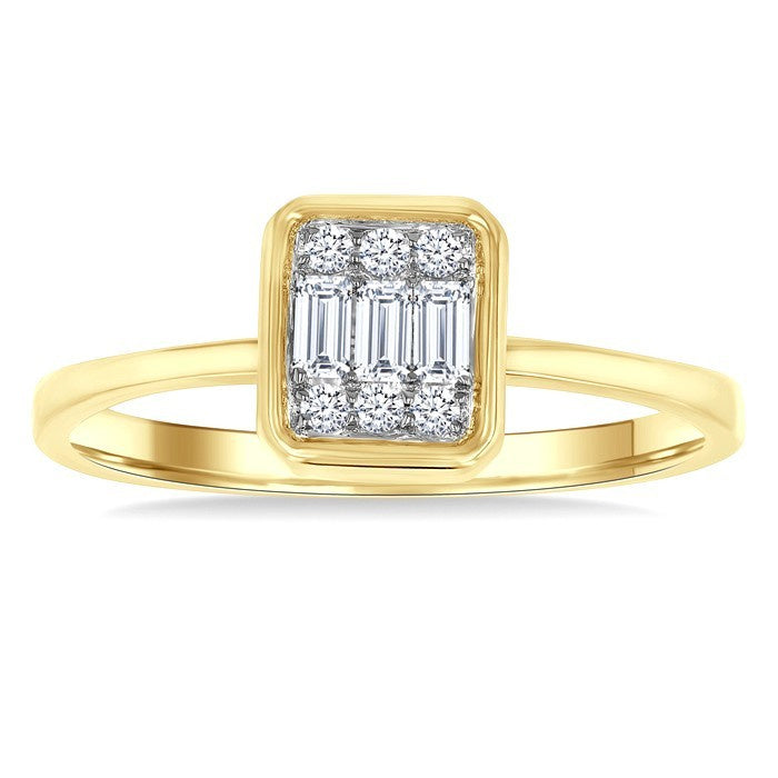 1/6 Ctw Petite Bezel Set Emerald Shape Fusion Baguette and Round Cut Diamond Fashion Ring in 10K Yellow Gold