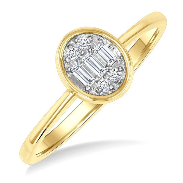 1/6 Ctw Petite Bezel Set Oval Shape Fusion Baguette and Round Cut Diamond Fashion Ring in 10K Yellow Gold