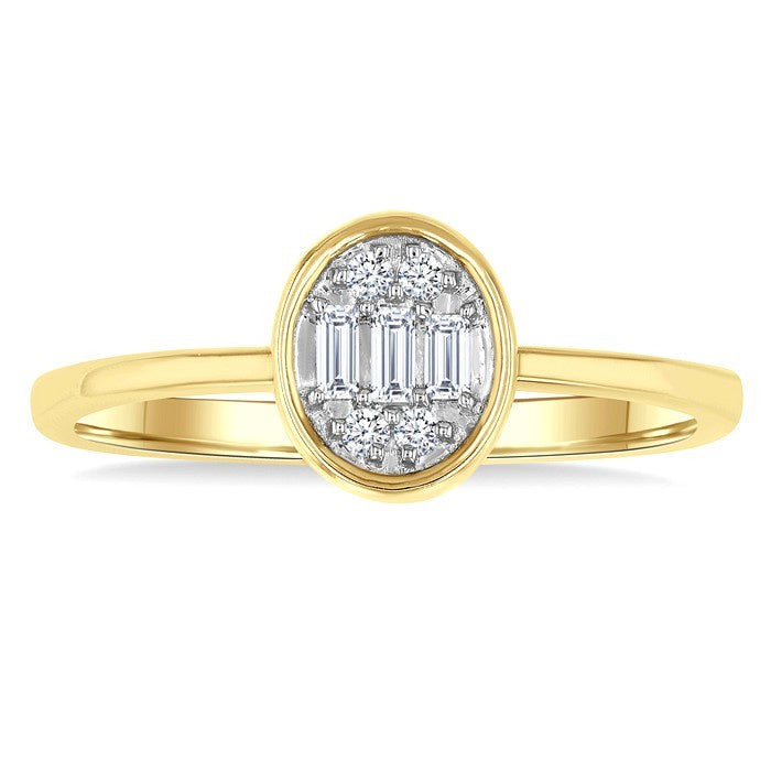 1/6 Ctw Petite Bezel Set Oval Shape Fusion Baguette and Round Cut Diamond Fashion Ring in 10K Yellow Gold