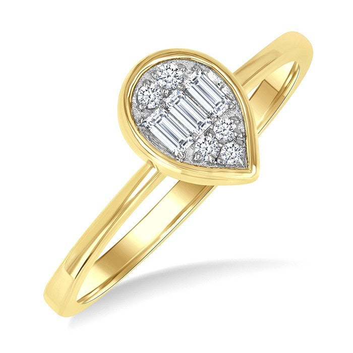 1/6 Ctw Petite Bezel Set Pear Shape Fusion Baguette and Round Cut Diamond Fashion Ring in 10K Yellow Gold