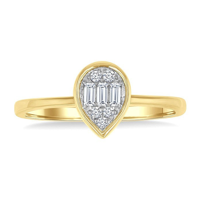 1/6 Ctw Petite Bezel Set Pear Shape Fusion Baguette and Round Cut Diamond Fashion Ring in 10K Yellow Gold
