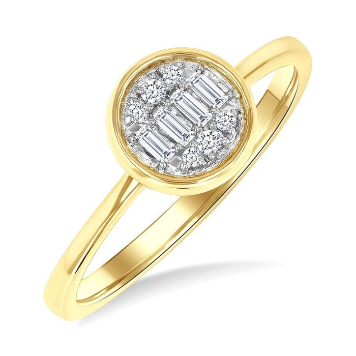 1/6 Ctw Petite Bezel Set Round Shape Fusion Baguette and Round Cut Diamond Fashion Ring in 10K Yellow Gold