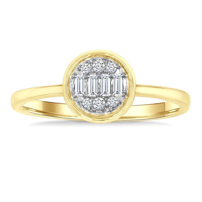 1/6 Ctw Petite Bezel Set Round Shape Fusion Baguette and Round Cut Diamond Fashion Ring in 10K Yellow Gold