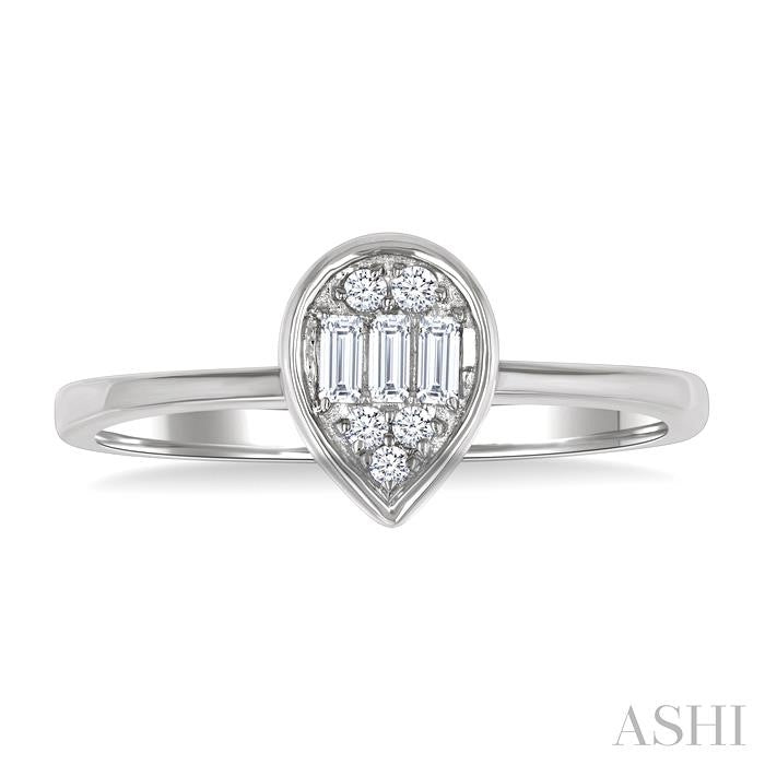 1/6 Ctw Petite Bezel Set Pear Shape Fusion Baguette and Round Cut Diamond Fashion Ring in 10K White Gold