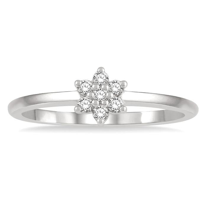 1/8 Ctw Floral Motif Round Cut Diamond Petite Fashion Ring in 10K White Gold