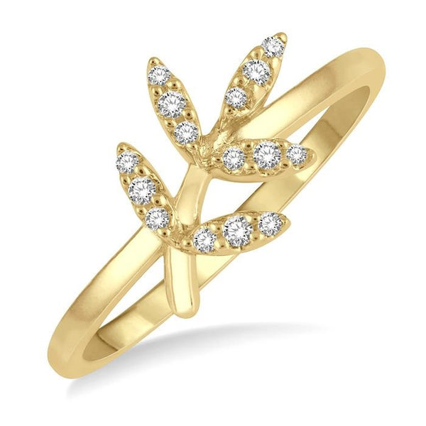 1/10 Ctw Leaf Motif Round Cut Diamond Petite Fashion Ring in 10K Yellow Gold