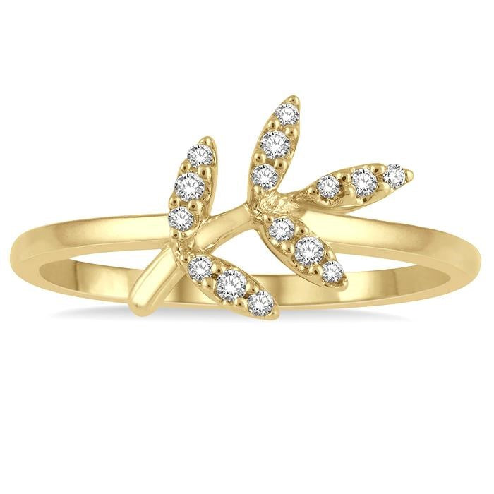 1/10 Ctw Leaf Motif Round Cut Diamond Petite Fashion Ring in 10K Yellow Gold