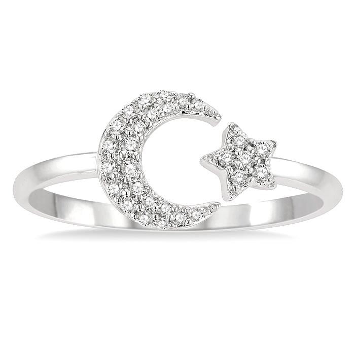 1/6 Ctw Crescent Moon and Star Round Cut Petite Diamond Fashion Ring in 10K White Gold