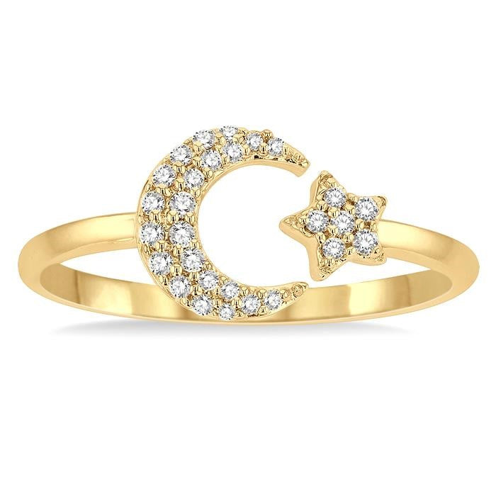 1/6 Ctw Crescent Moon and Star Round Cut Petite Diamond Fashion Ring in 10K Yellow Gold