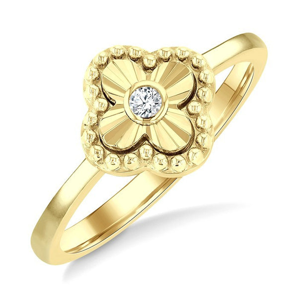 1/50 Ctw Fluted Texture Clover Bead Round Cut Diamond Bezel Set Fashion Ring in 10K Yellow Gold