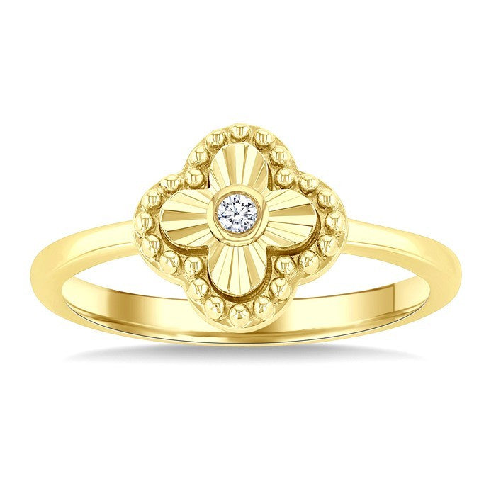 1/50 Ctw Fluted Texture Clover Bead Round Cut Diamond Bezel Set Fashion Ring in 10K Yellow Gold