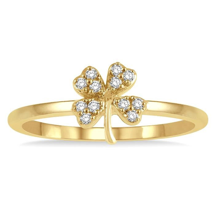 1/10 Ctw Clover Charm Round Cut Diamond Petite Fashion Ring in 14K Yellow Gold