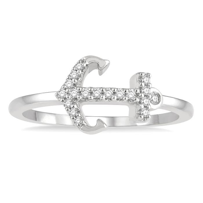 1/10 Ctw Anchor Charm Round Cut Diamond Petite Fashion Ring in 10K White Gold