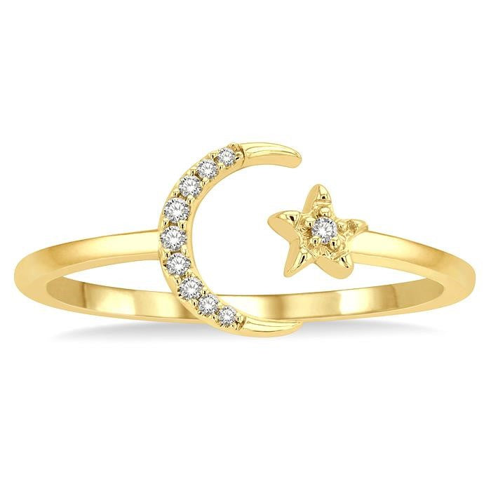 1/20 Ctw Petite Crescent and Star Round Cut Diamond Stackable Fashion Ring in 10K Yellow Gold