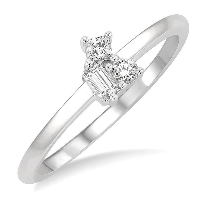 1/6 Ctw Petite Tri-Stone Scatter Princess, Baguette & Round Cut Diamond Fashion Ring in 10K White Gold