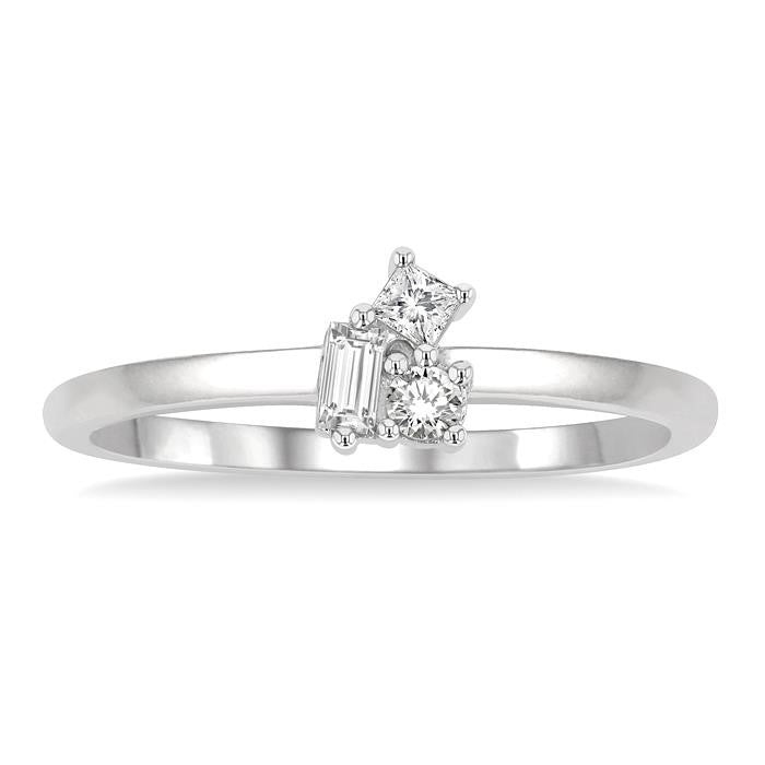 1/6 Ctw Petite Tri-Stone Scatter Princess, Baguette & Round Cut Diamond Fashion Ring in 10K White Gold