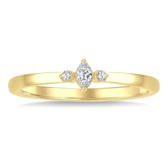 1/10 Ctw Three Stone Marquise and Round Cut Diamond Petite Fashion Ring in 10K Yellow Gold