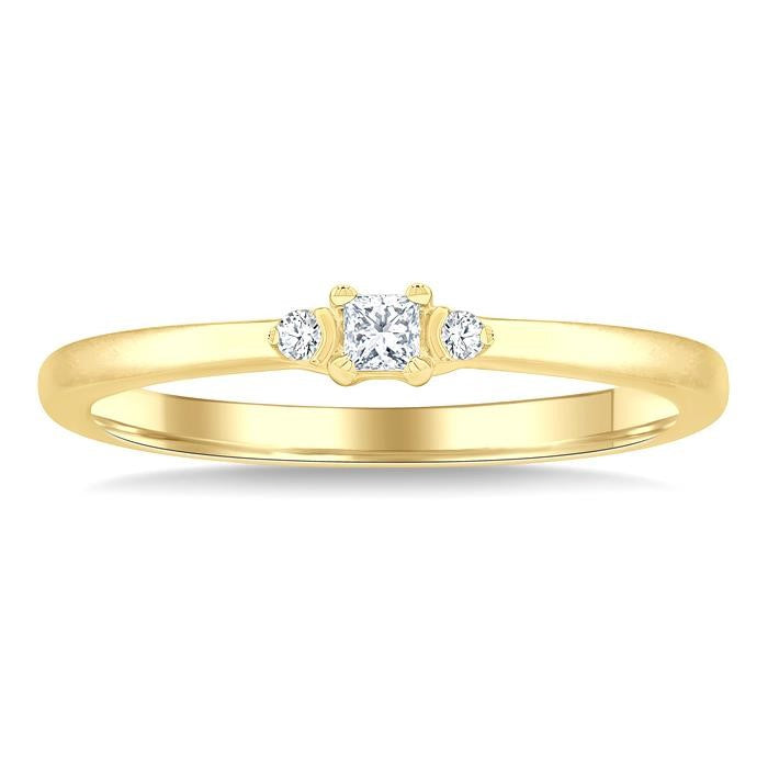 1/10 Ctw Three Stone Princess and Round Cut Diamond Petite Fashion Ring in 10K Yellow Gold