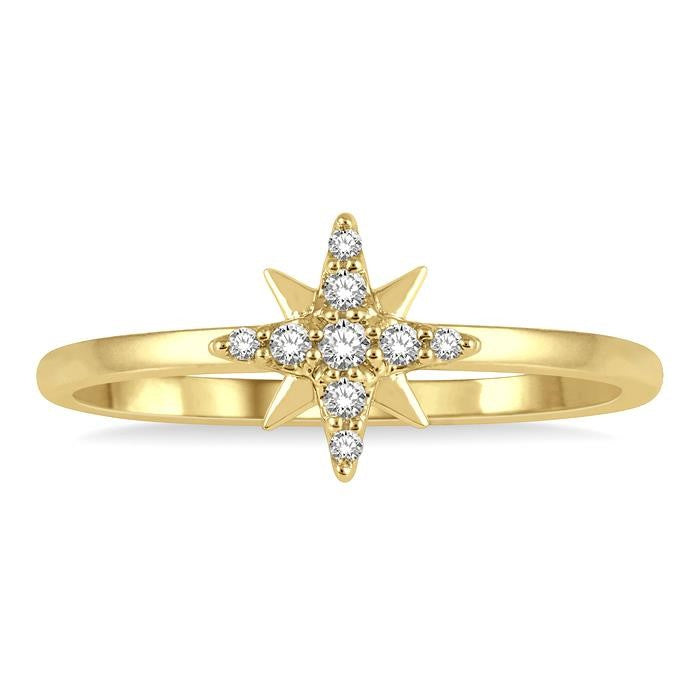 1/10 Ctw Star Center Round Cut Diamond Petite Fashion Ring in 10K Yellow Gold