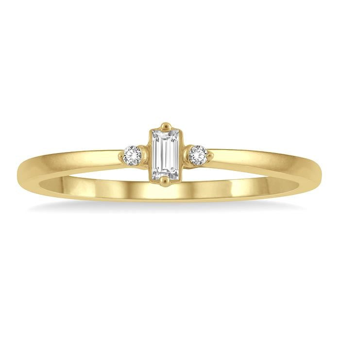 1/20 Ctw Lightweight Baguette and Round Cut Diamond Petite Ring in 10K Yellow Gold