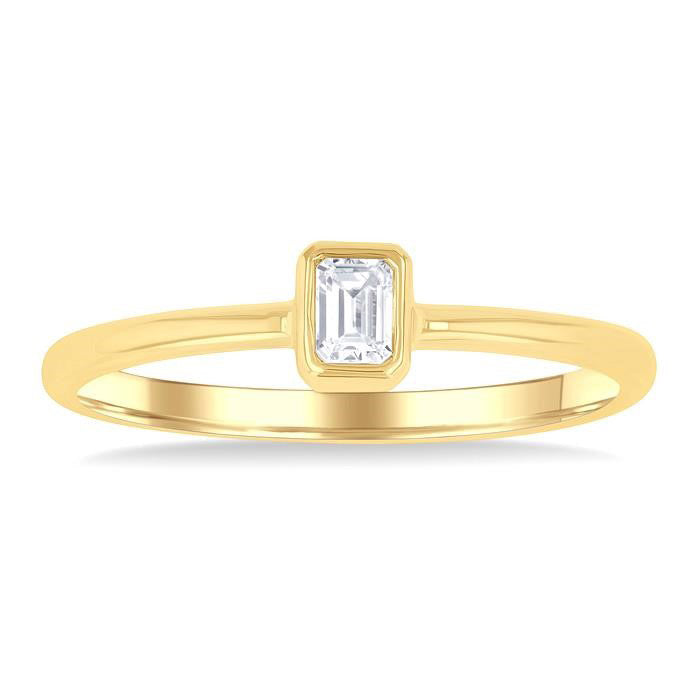 Emerald Shape Bezel Set Petite Diamond Fashion Ring