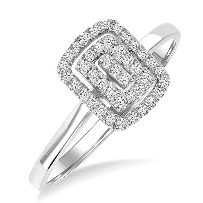 1/6 Ctw Double Halo Emerald Shape Petite Round Cut Diamond Fashion Ring in 10K White Gold
