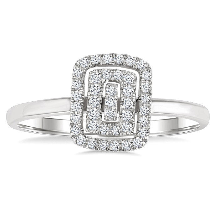 1/6 Ctw Double Halo Emerald Shape Petite Round Cut Diamond Fashion Ring in 10K White Gold