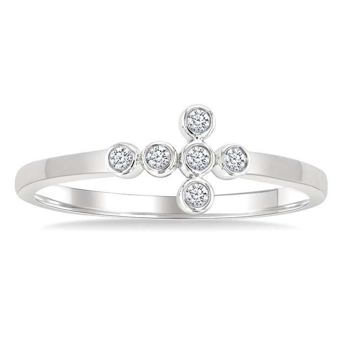 1/20 Ctw Round Cut Diamond 6-Stone Bezel Set Cross Petite Ring in 10K White Gold