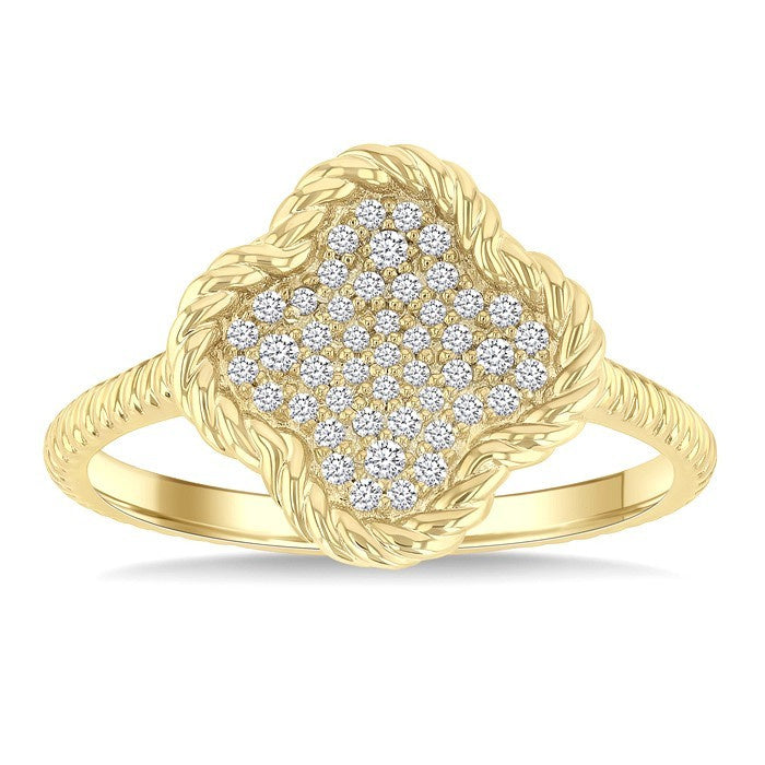 1/5 Ctw Round Cut Diamond Rope Border Clover Motif Fashion Ring in 10K Yellow Gold