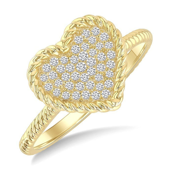 1/5 Ctw Round Cut Diamond Rope Border Heart Motif Fashion Ring in 10K Yellow Gold