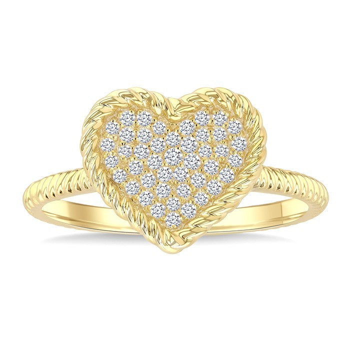 1/5 Ctw Round Cut Diamond Rope Border Heart Motif Fashion Ring in 10K Yellow Gold