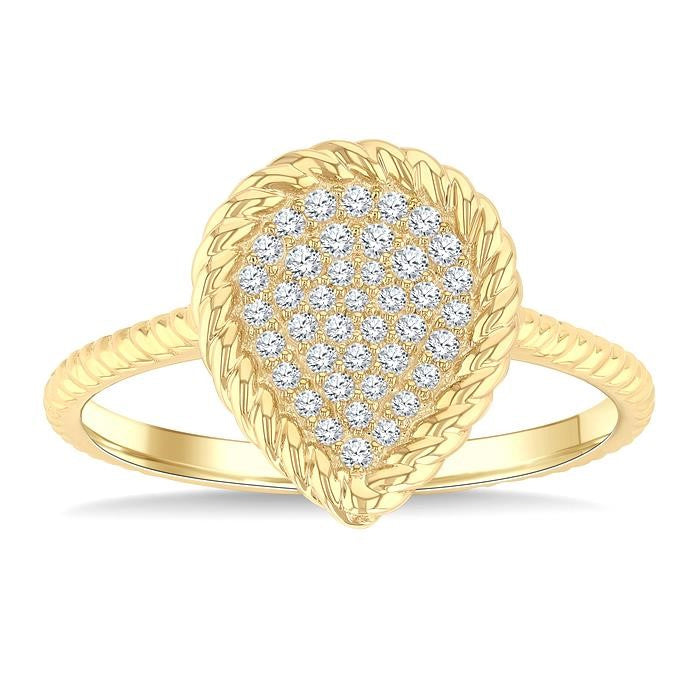 1/5 Ctw Pear Shape Rope Accent Round Cut Diamond Fashion Ring in 10K Yellow Gold