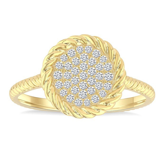 1/5 Ctw Round Cut Diamond Rope Border Circle Motif Fashion Ring in 10K Yellow Gold