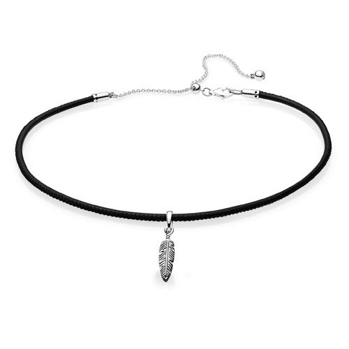 Black Leather Choker with Feather Pendant