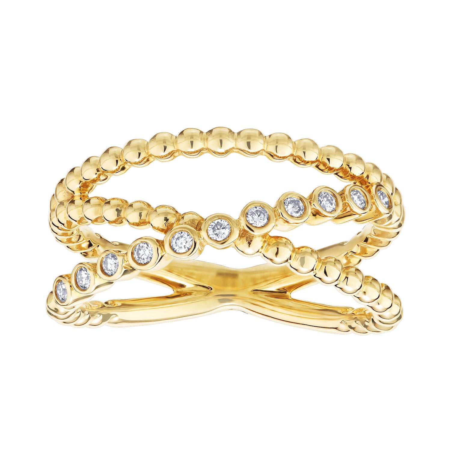 Diamond Bezel Set Beaded Three Open Row Fashion Ring