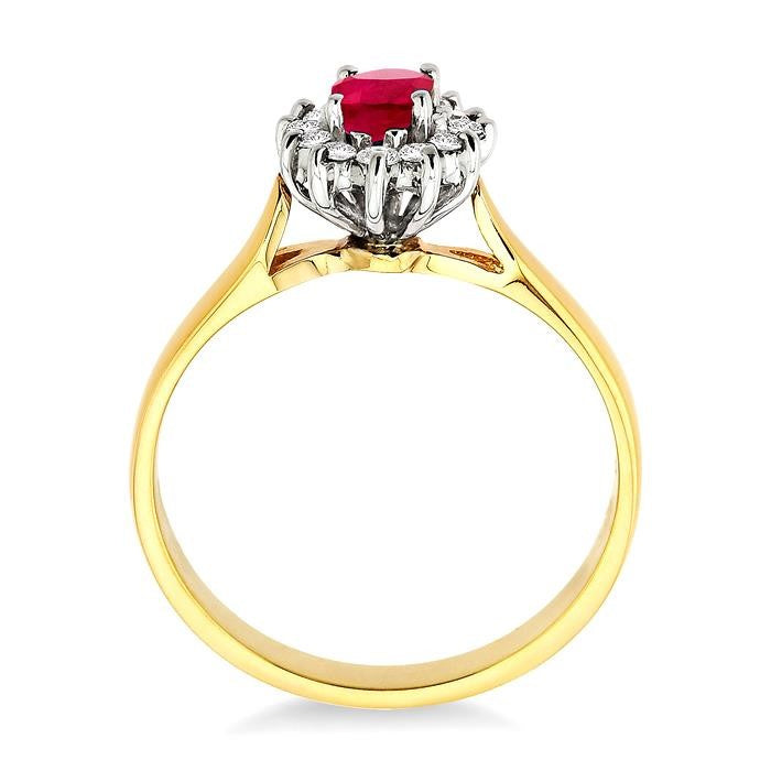 6x4MM Oval Cut Ruby and 1/5 Ctw Round Cut Diamond Ring in 14K Yellow Gold