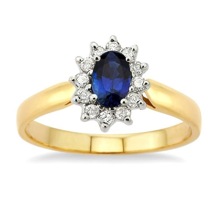 6x4MM Oval Cut Sapphire and 1/5 Ctw Round Cut Diamond Ring in 14K Yellow Gold