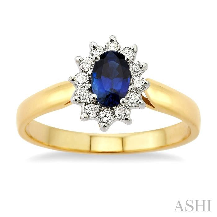 6x4MM Oval Cut Sapphire and 1/5 Ctw Round Cut Diamond Ring in 14K Yellow Gold