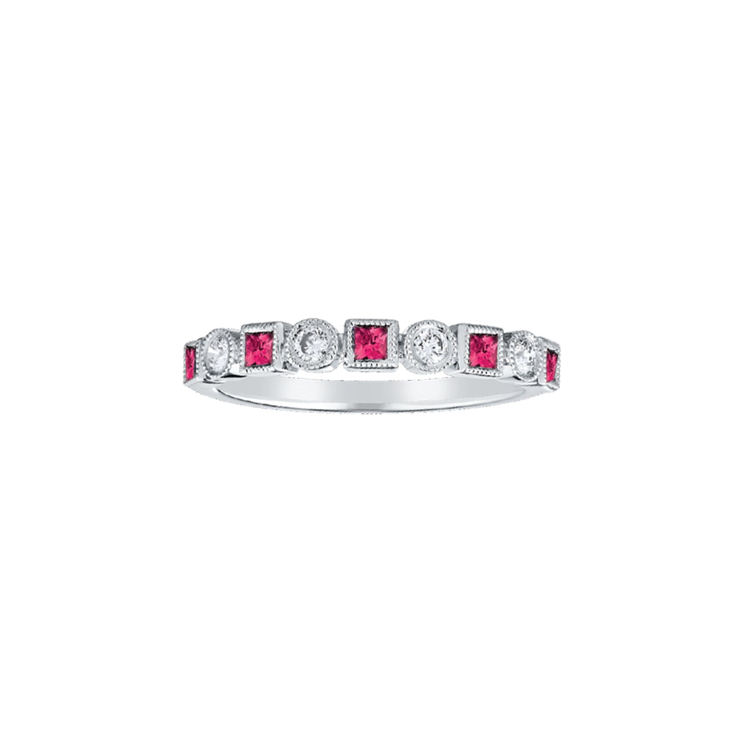  Diamond and Genuine Ruby Alternating Stack Ring with Milgrain